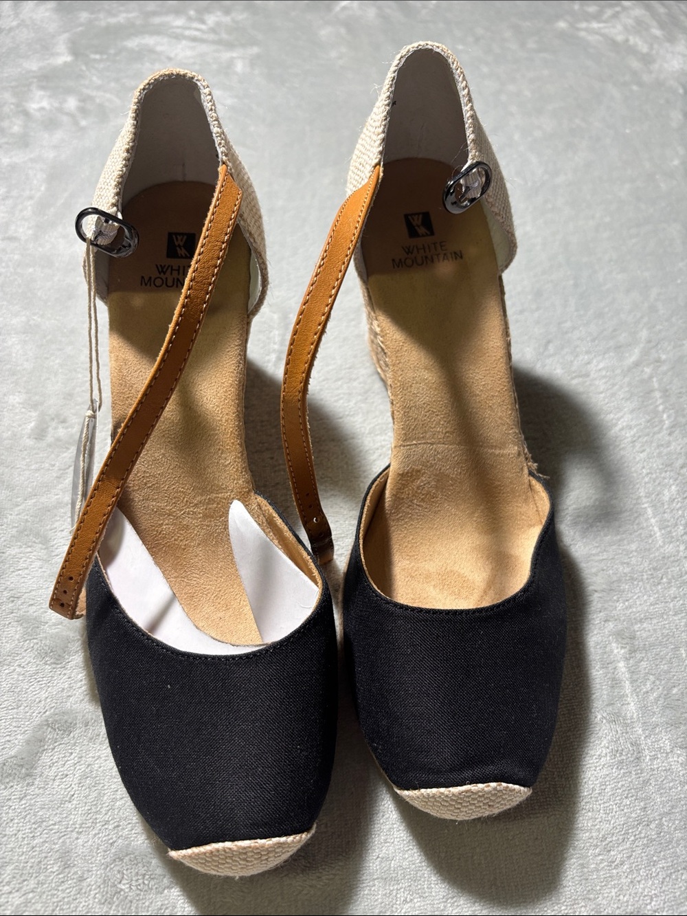White Mountain Black and Tan Espadrille Wedge Sandals